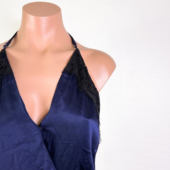 Socialite Satin Lace Sleeveless Bodysuit Racer Back Tank Top Black Blue S NWT - Picture 5 of 13